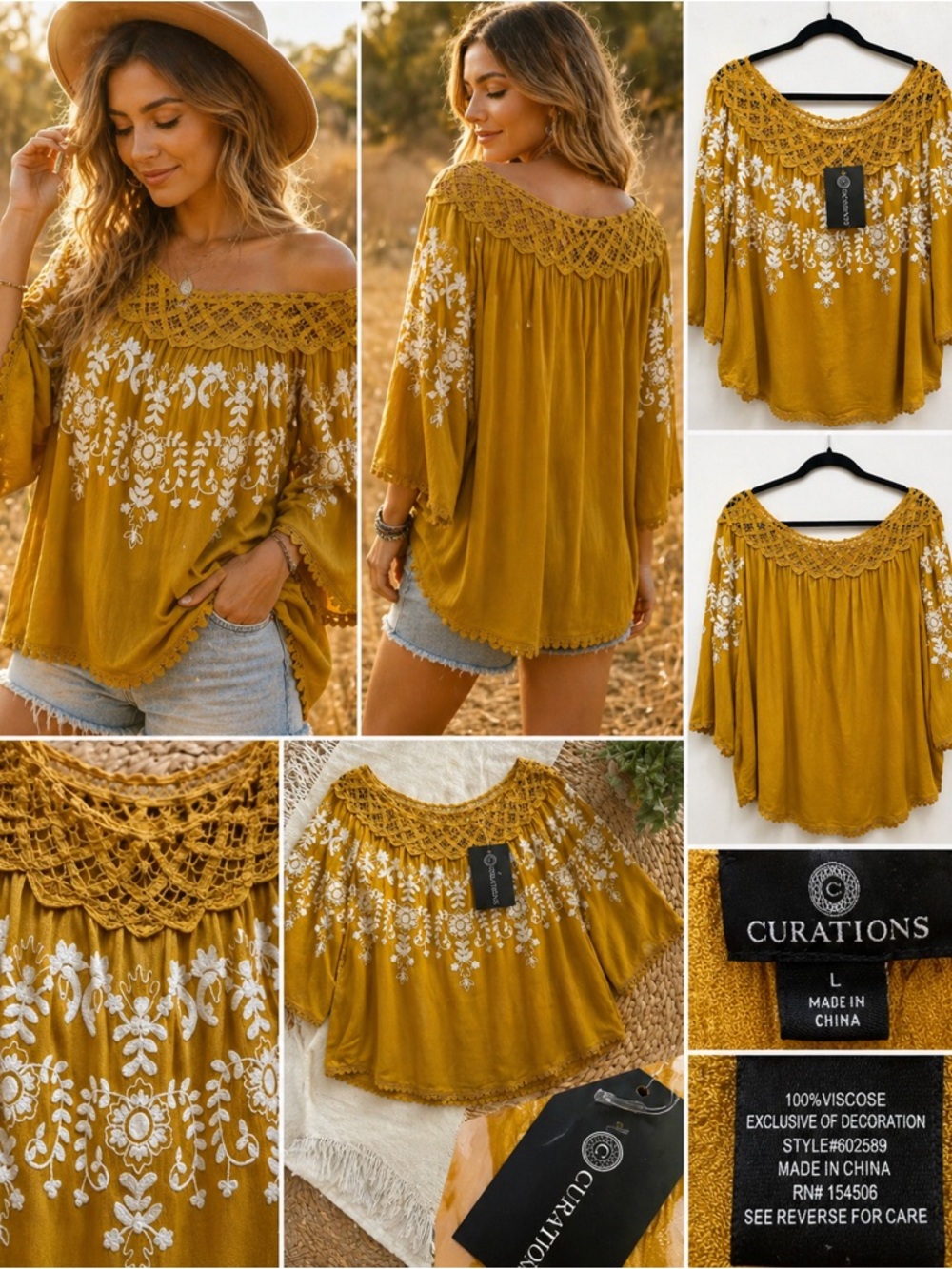 NWT Curations Mustard Embroidered Boho Peasant Top Lace L  Festival Cottagecore